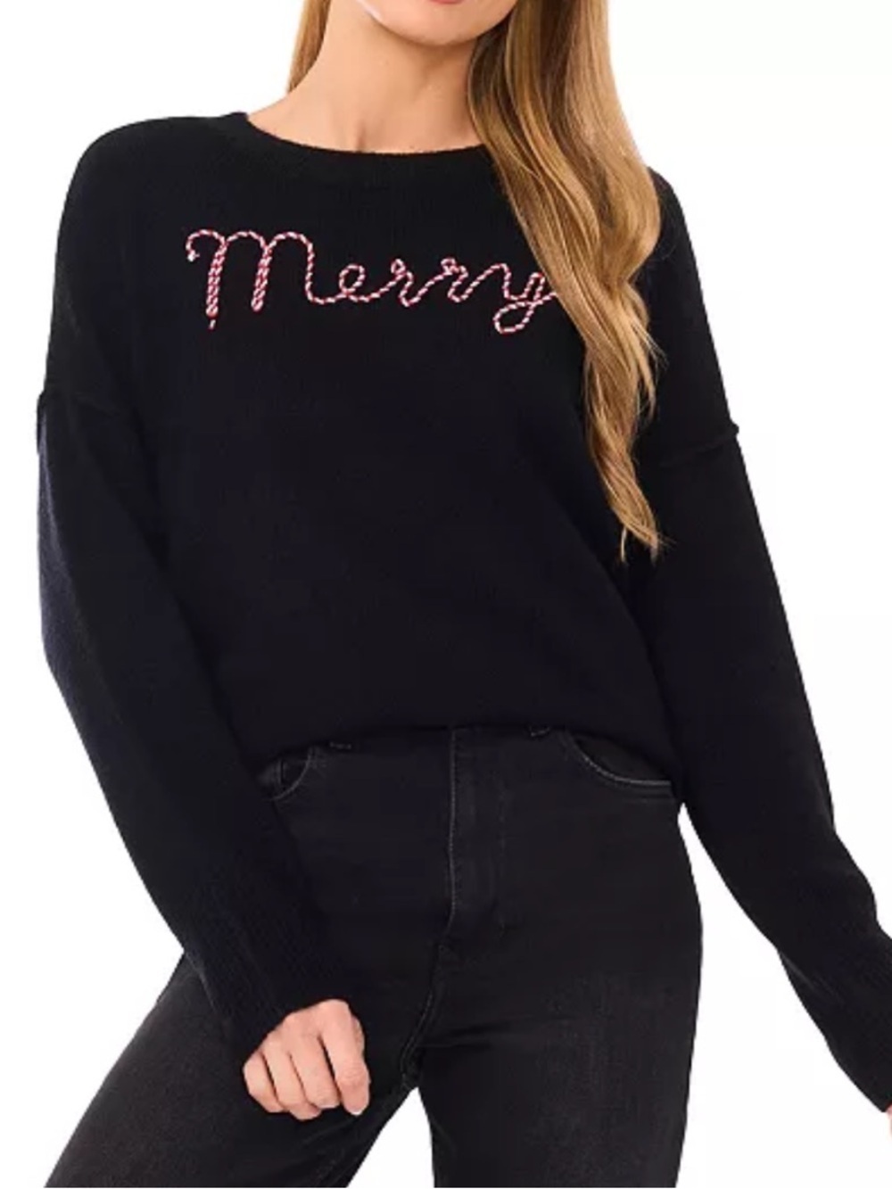 CeCe
Women's "Merry" Candy Cane Script Crewneck Long-Sleeve Sweater